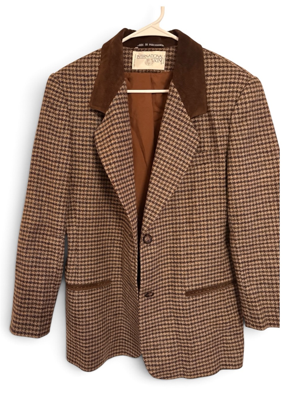 Vintage International Scene Houndstooth Tweed Blazer Sz 12 Suede Collar 80s